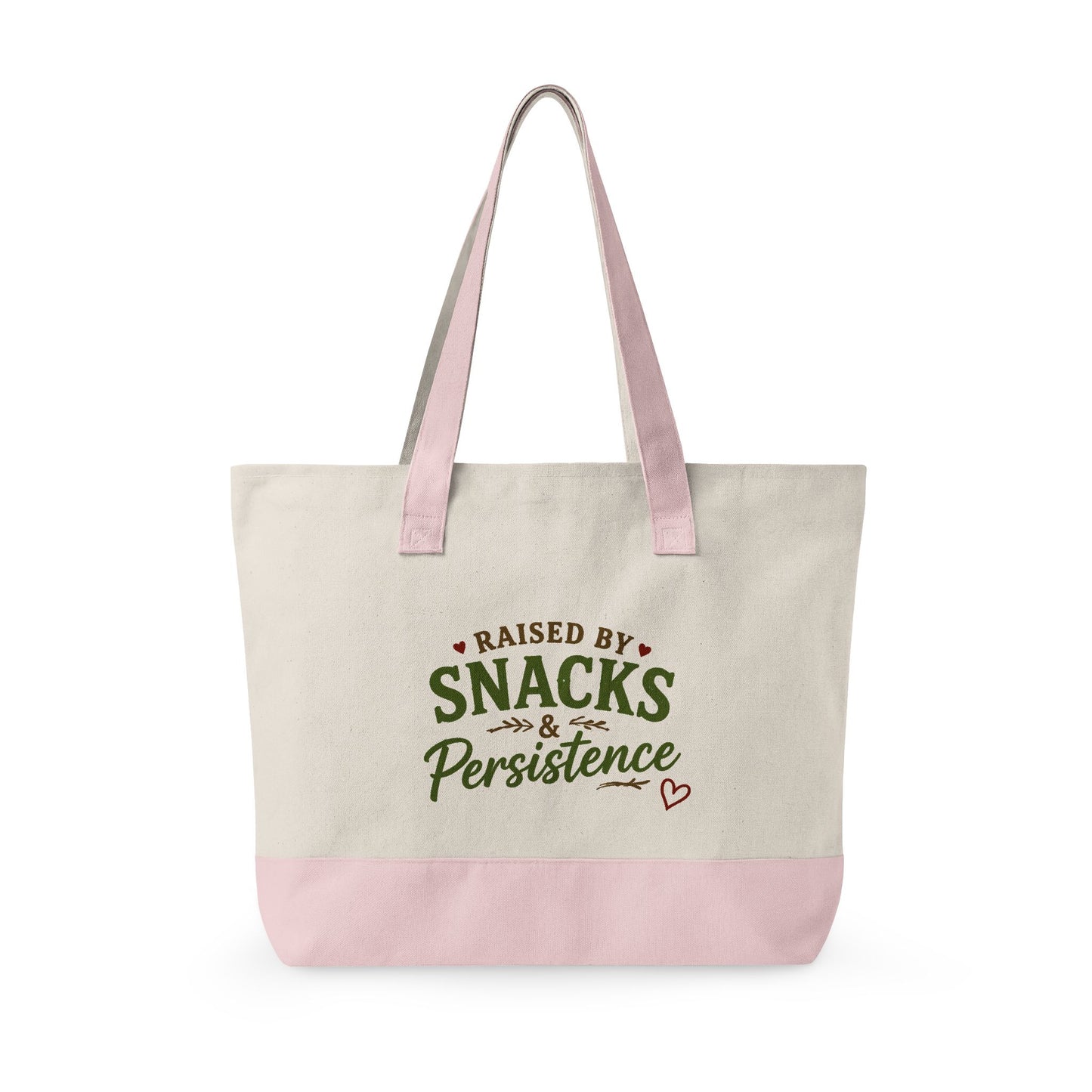 Raised by Snacks & Persistence Zippered Canvas Tote — Market Bag for Caregivers & Moms