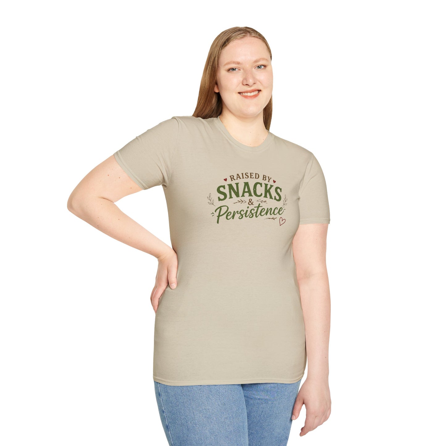 Raised by Snacks & Persistence T-Shirt — Funny Relatable Casual Tee