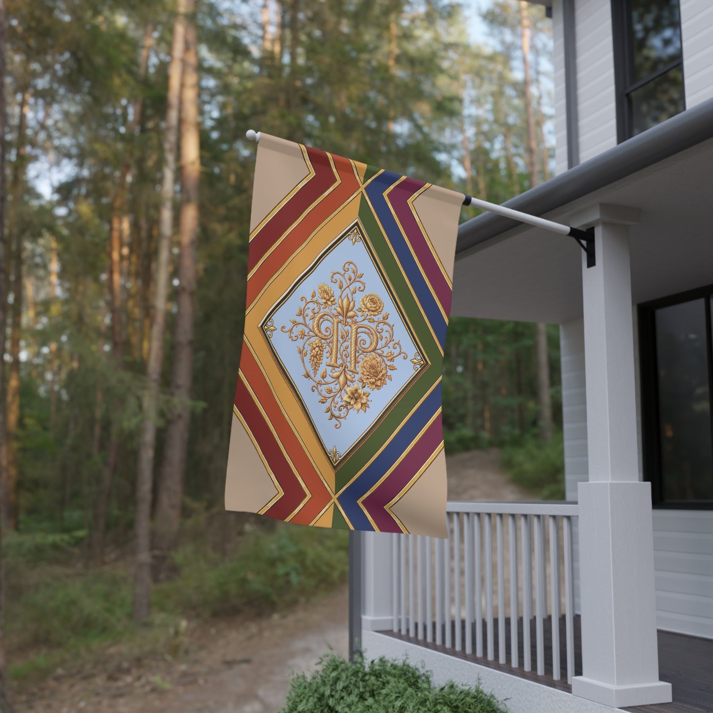 "PRIDE,PLANTED.": Heraldic House Banner — Monogram Floral Diamond Garden Flag