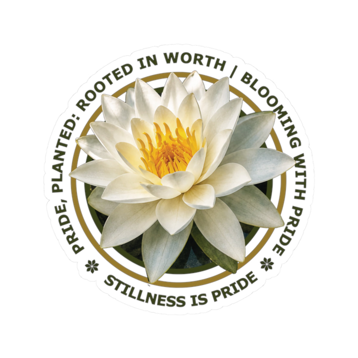 Stillness Is Pride White Water Lily Sticker — "Planted. Rooted in Worth. Blooming with Pride."