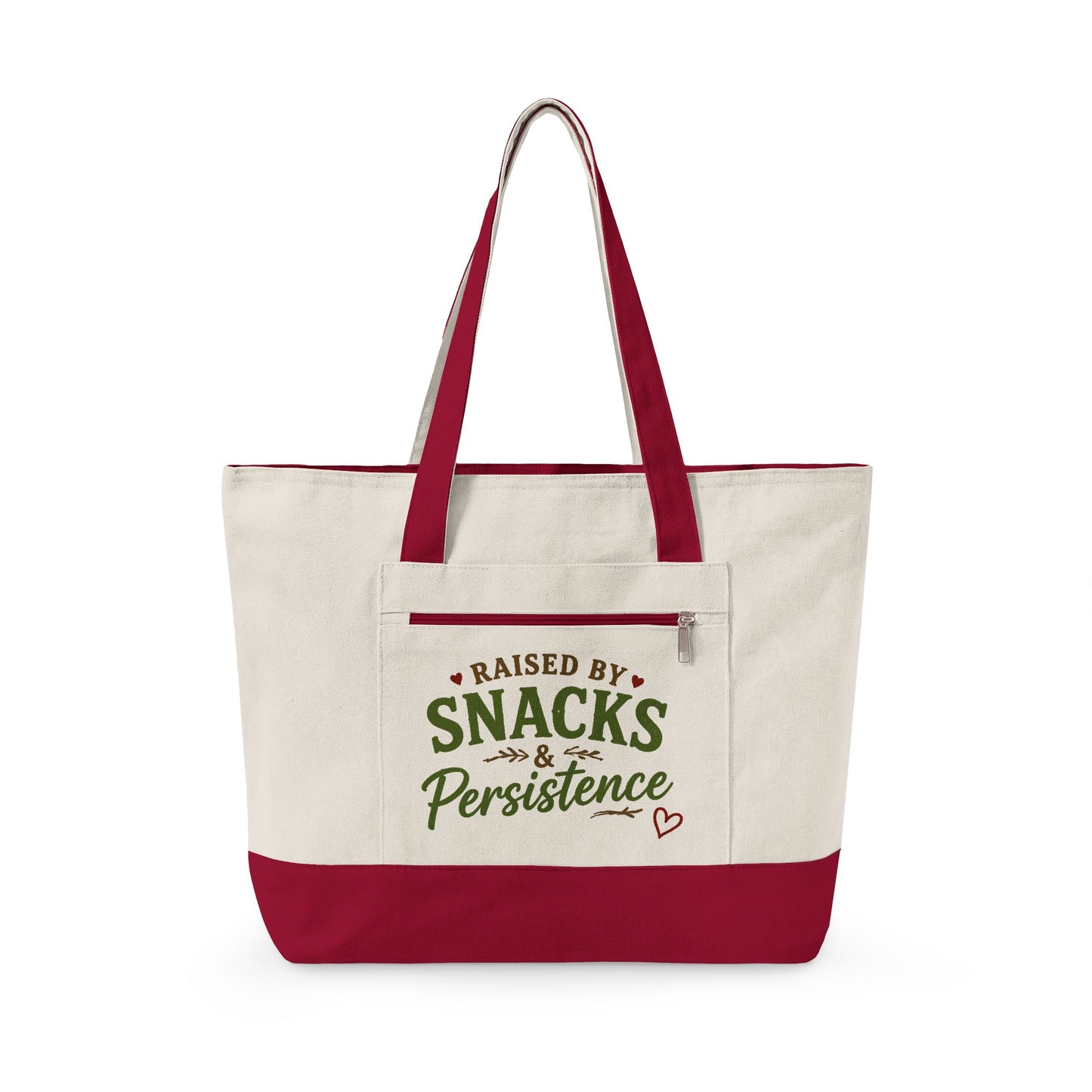 Raised by Snacks & Persistence Zippered Canvas Tote — Market Bag for Caregivers & Moms