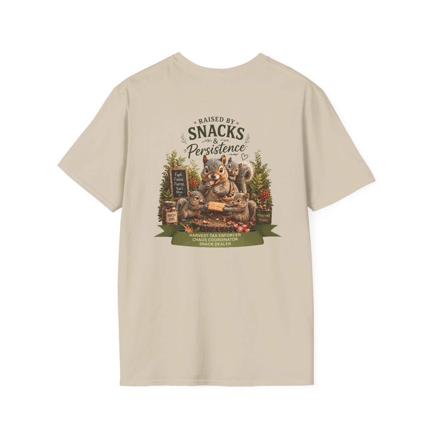 Raised by Snacks & Persistence T-Shirt — Funny Relatable Casual Tee