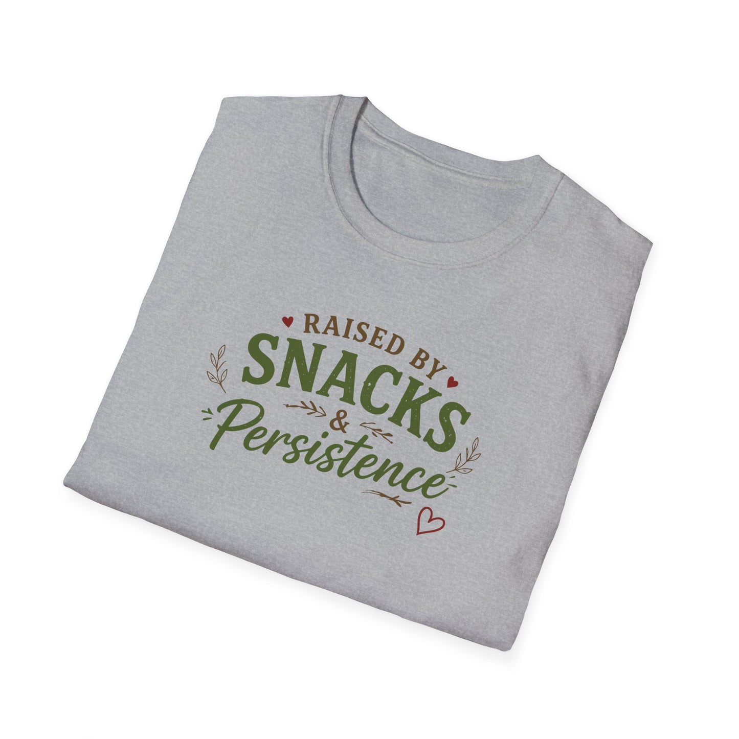 Raised by Snacks & Persistence T-Shirt — Funny Relatable Casual Tee