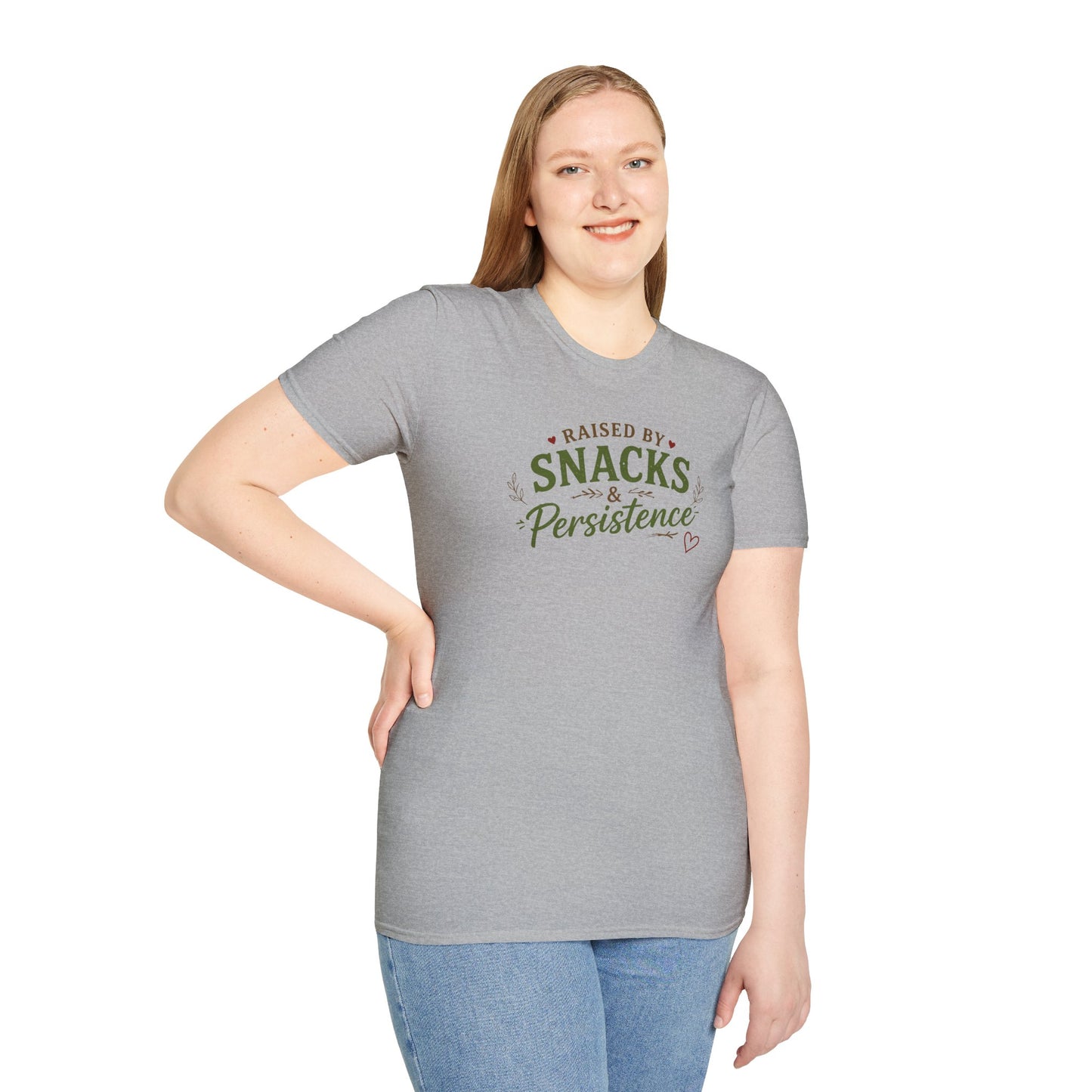 Raised by Snacks & Persistence T-Shirt — Funny Relatable Casual Tee