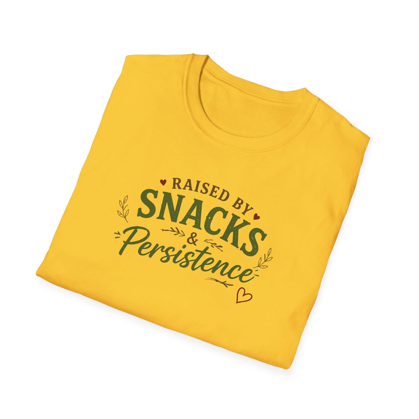 Raised by Snacks & Persistence T-Shirt — Funny Relatable Casual Tee