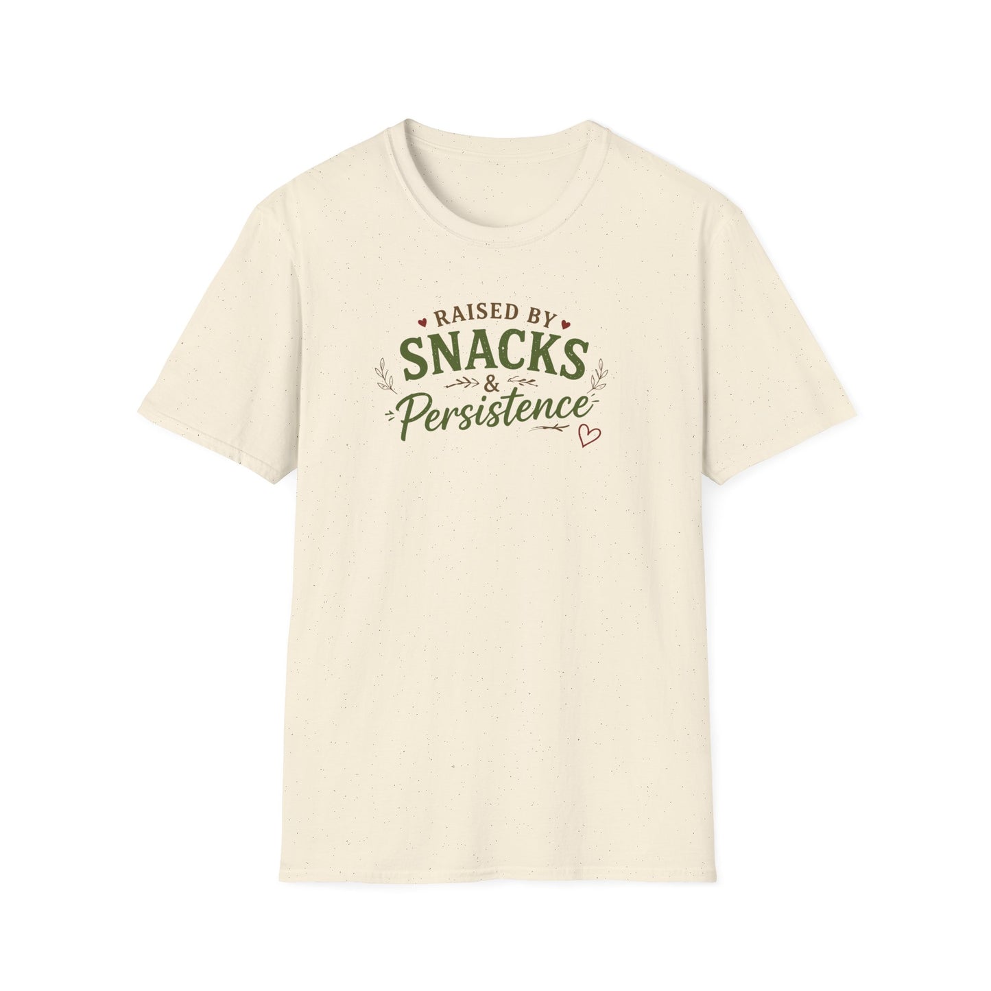 Raised by Snacks & Persistence T-Shirt — Funny Relatable Casual Tee
