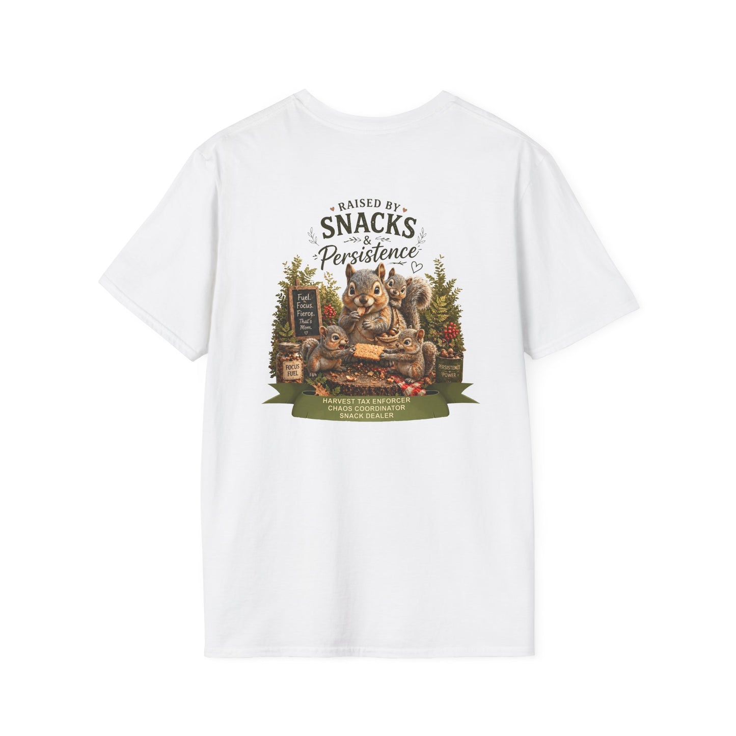 Raised by Snacks & Persistence T-Shirt — Funny Relatable Casual Tee