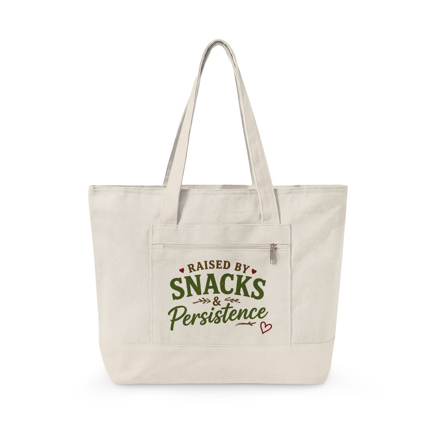Raised by Snacks & Persistence Zippered Canvas Tote — Market Bag for Caregivers & Moms