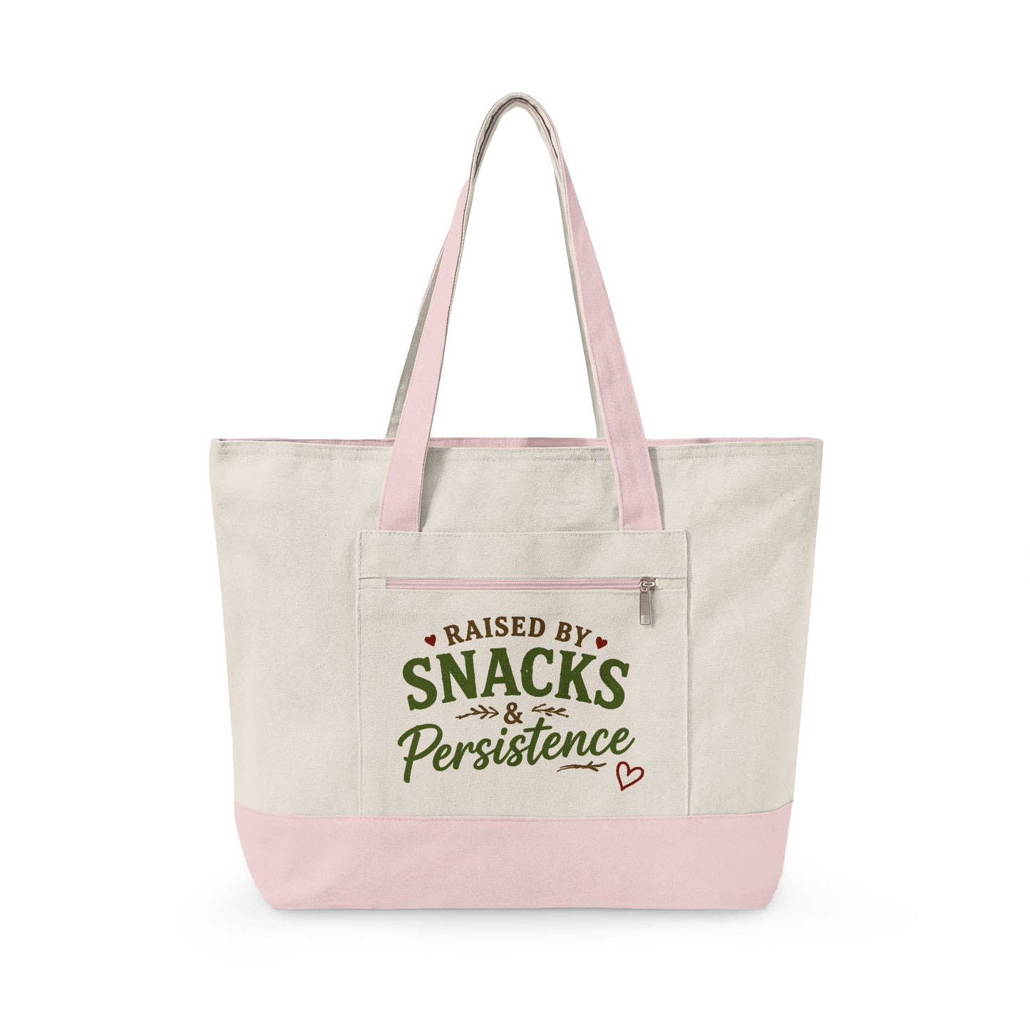 Raised by Snacks & Persistence Zippered Canvas Tote — Market Bag for Caregivers & Moms