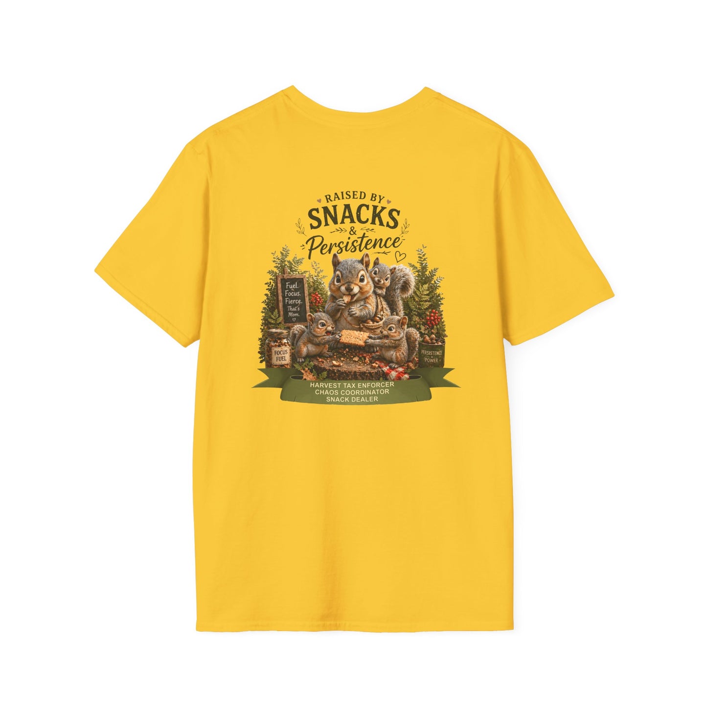 Raised by Snacks & Persistence T-Shirt — Funny Relatable Casual Tee