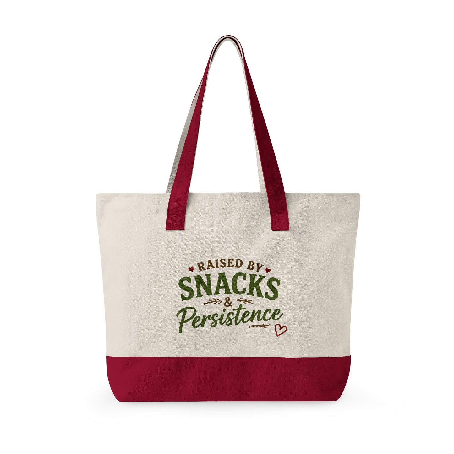 Raised by Snacks & Persistence Zippered Canvas Tote — Market Bag for Caregivers & Moms