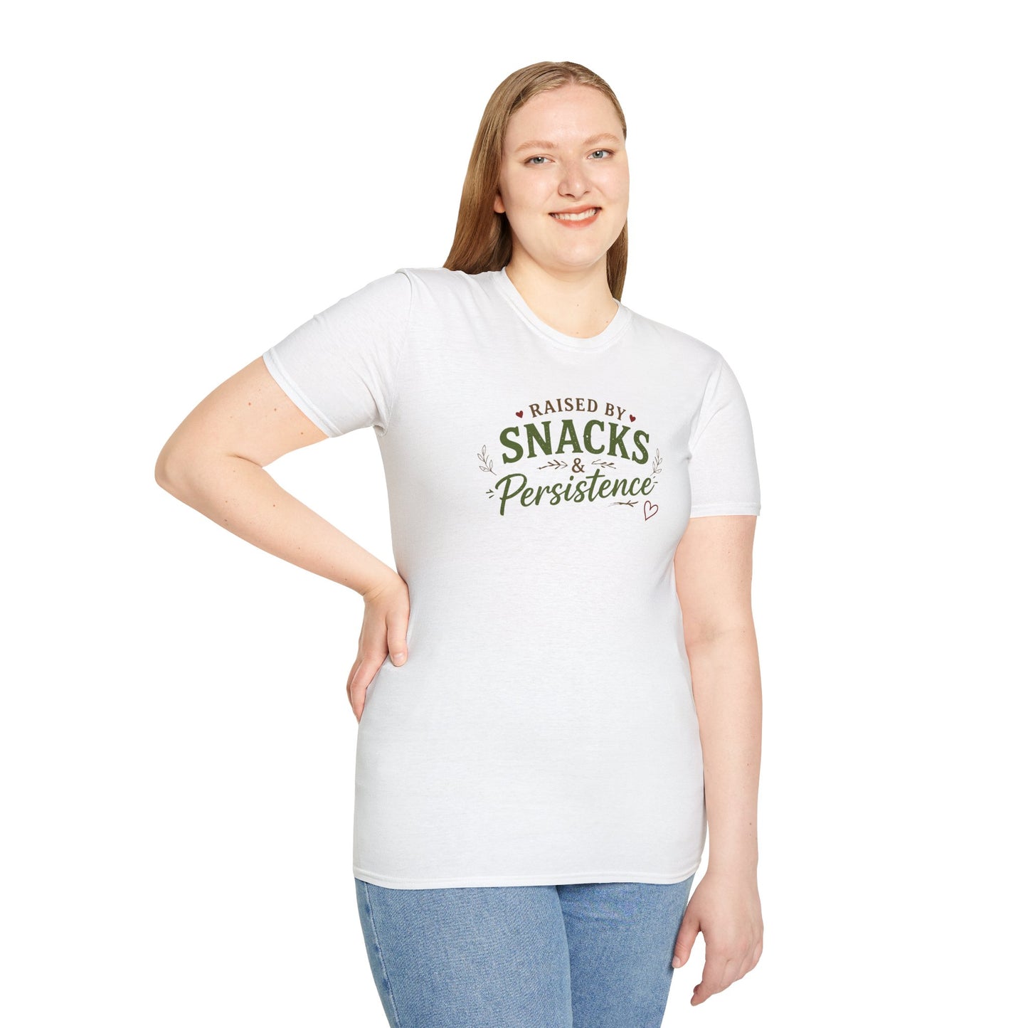 Raised by Snacks & Persistence T-Shirt — Funny Relatable Casual Tee