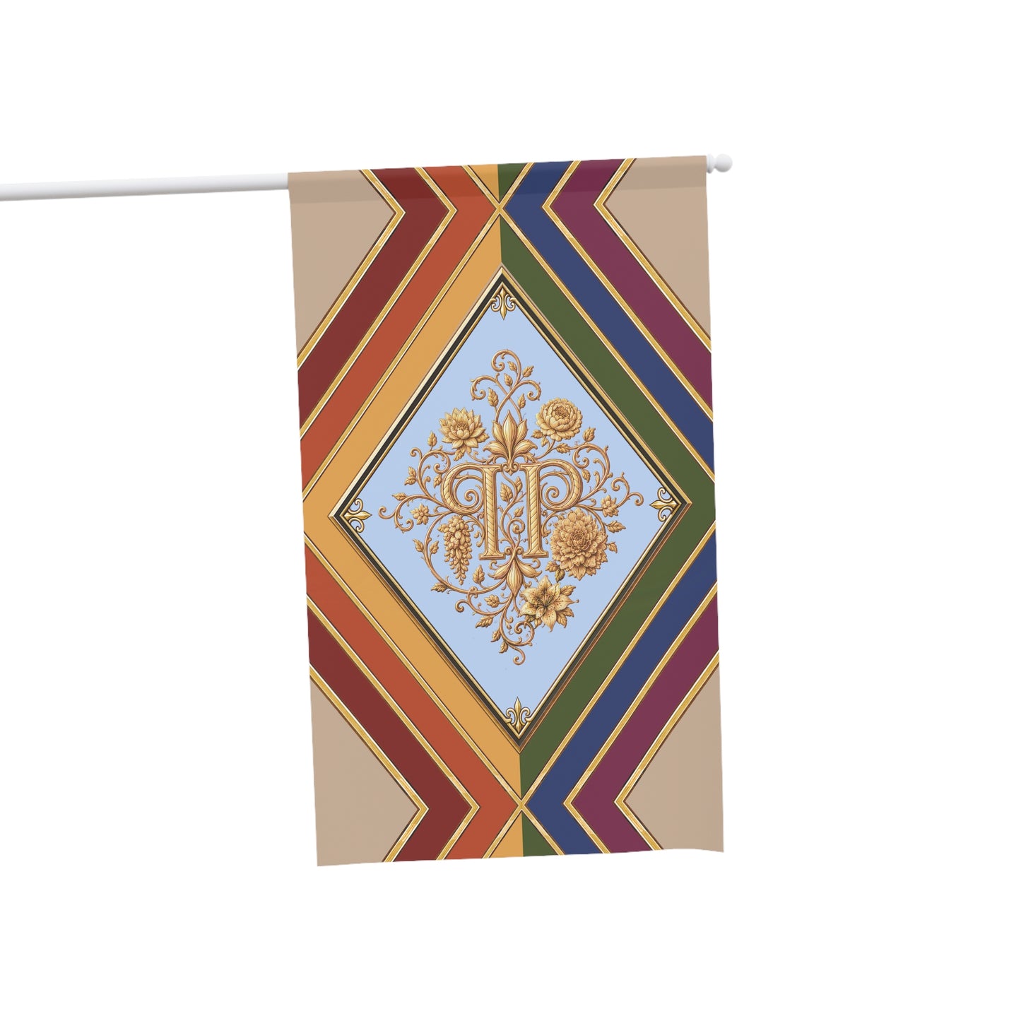 "PRIDE,PLANTED.": Heraldic House Banner — Monogram Floral Diamond Garden Flag