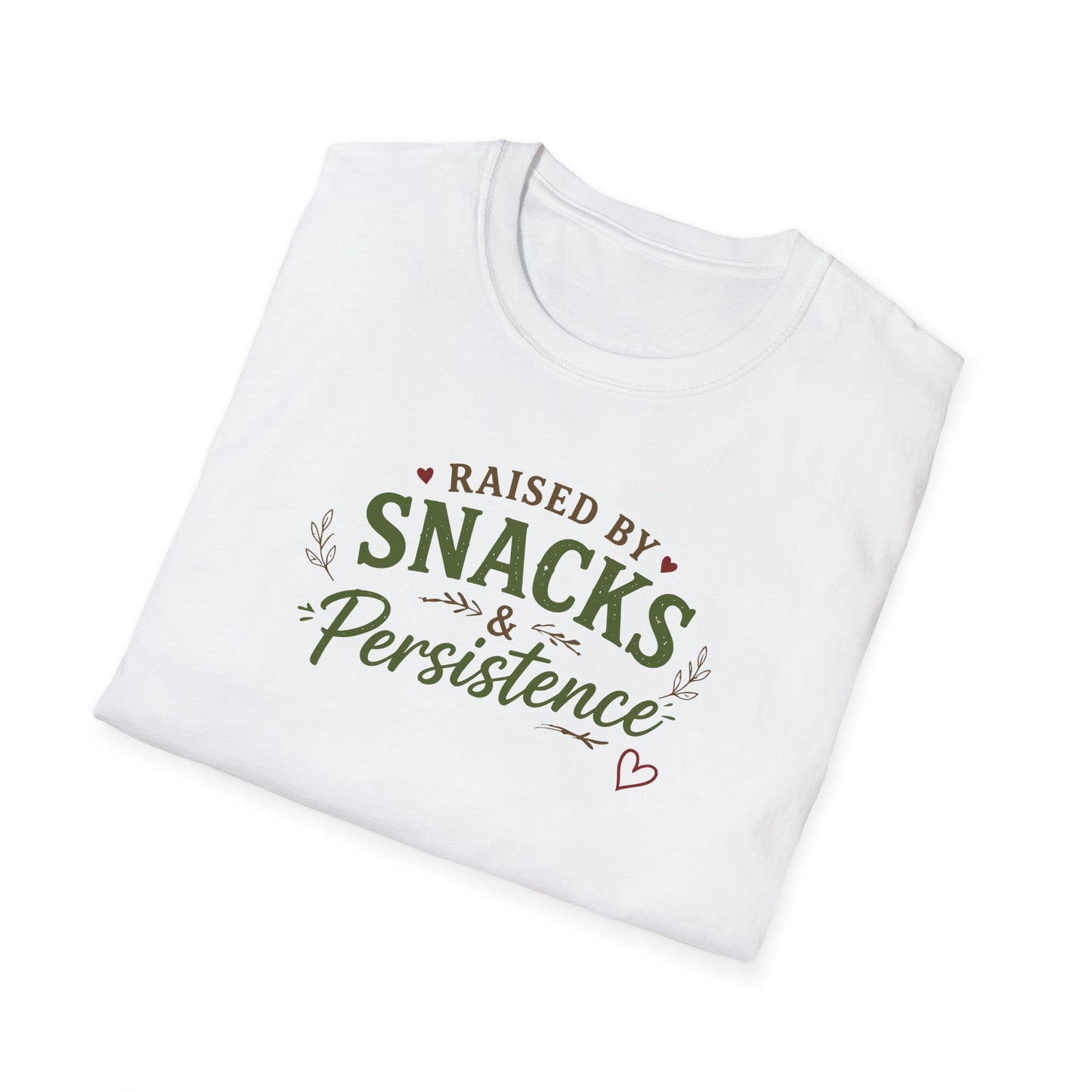 Raised by Snacks & Persistence T-Shirt — Funny Relatable Casual Tee
