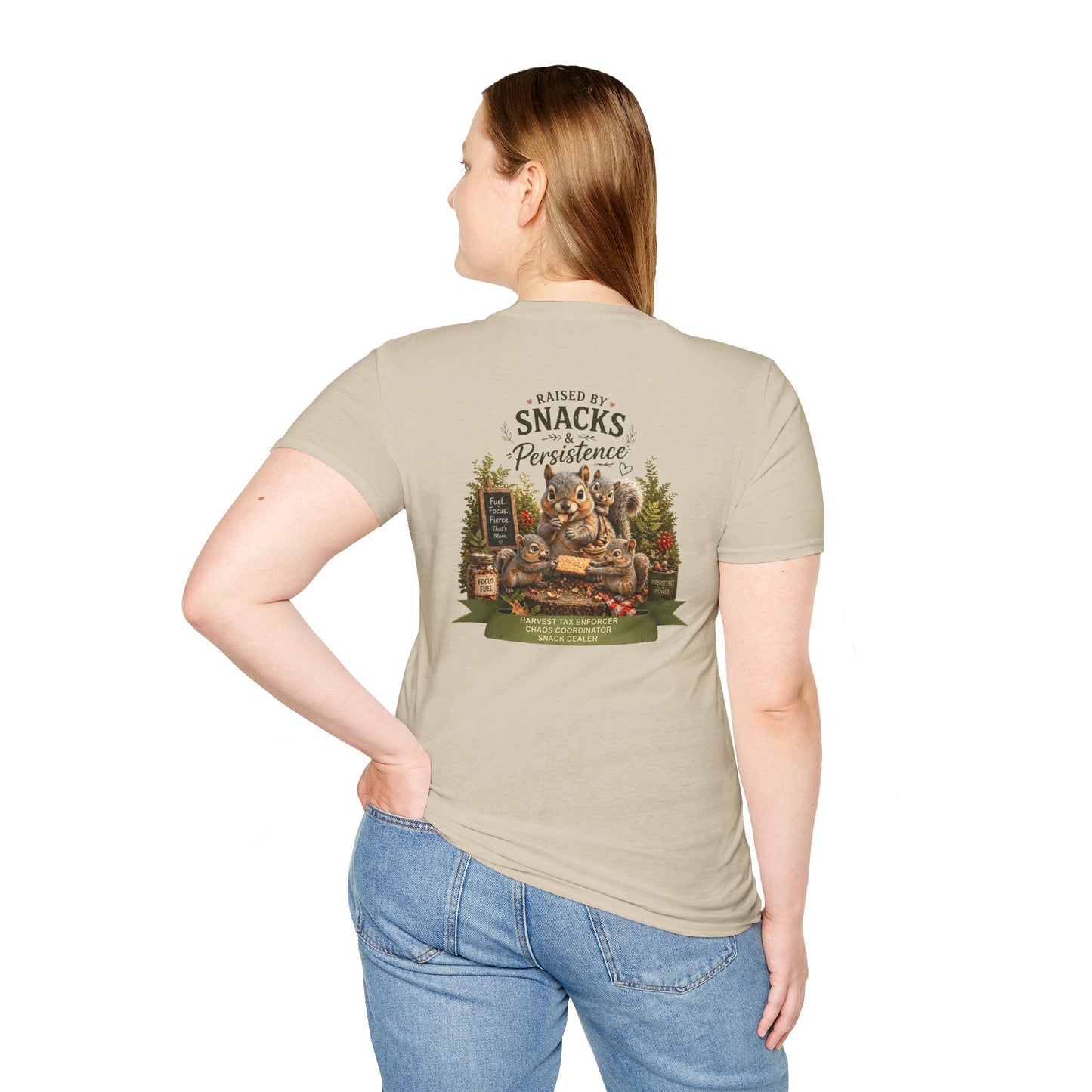 Raised by Snacks & Persistence T-Shirt — Funny Relatable Casual Tee