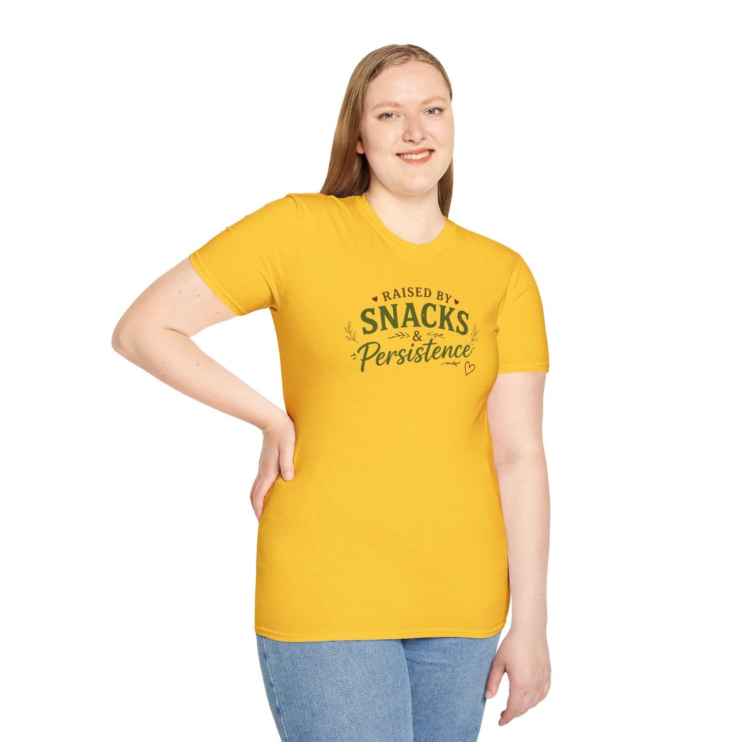 Raised by Snacks & Persistence T-Shirt — Funny Relatable Casual Tee