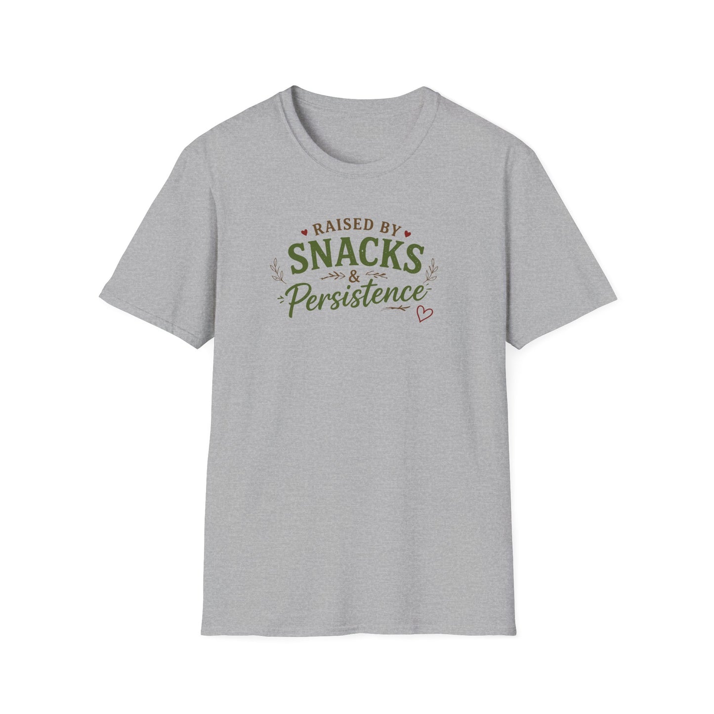 Raised by Snacks & Persistence T-Shirt — Funny Relatable Casual Tee