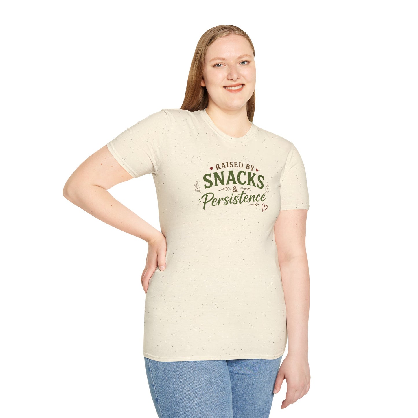 Raised by Snacks & Persistence T-Shirt — Funny Relatable Casual Tee