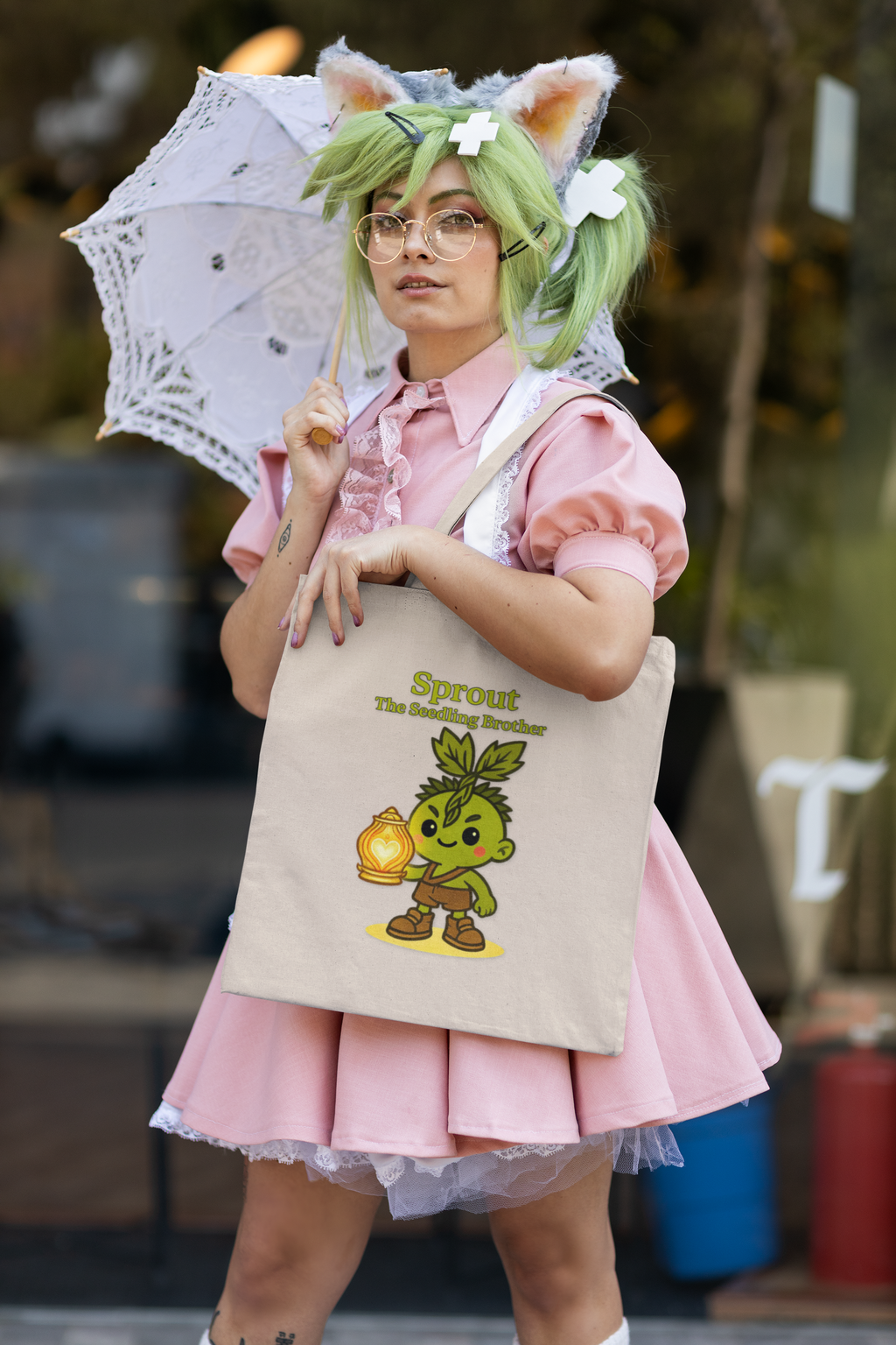 Sprout The Seedling Brother Tote Bag — Cute Plant Character Canvas Tote with Lantern Artwork