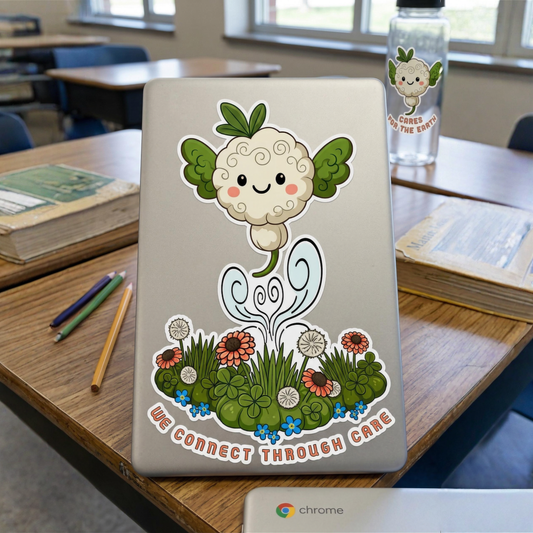 Always BU Nimbus the Dandecloud "We Connect Through Care.” Sticker — Cute Kiss-Cut Vinyl Decal