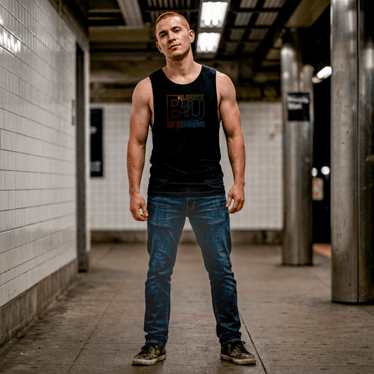 Always BU at the Grove Midnight Tank — Black Rainbow Outline Sleeveless Tank
