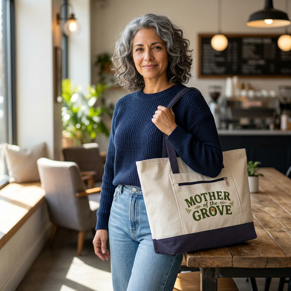 Mother of the Grove Zippered Canvas Tote — Market Bag for Caregivers & Moms