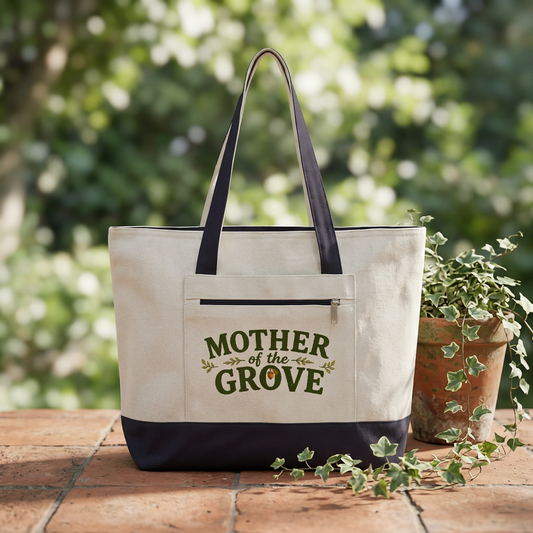 Mother of the Grove Zippered Canvas Tote — Market Bag for Caregivers & Moms