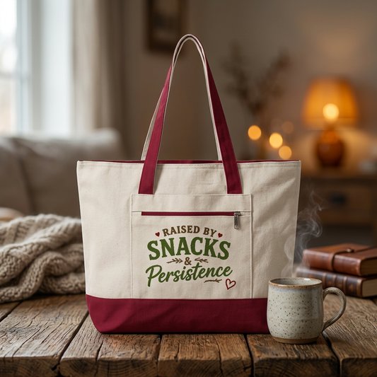 Raised by Snacks & Persistence Zippered Canvas Tote — Market Bag for Caregivers & Moms