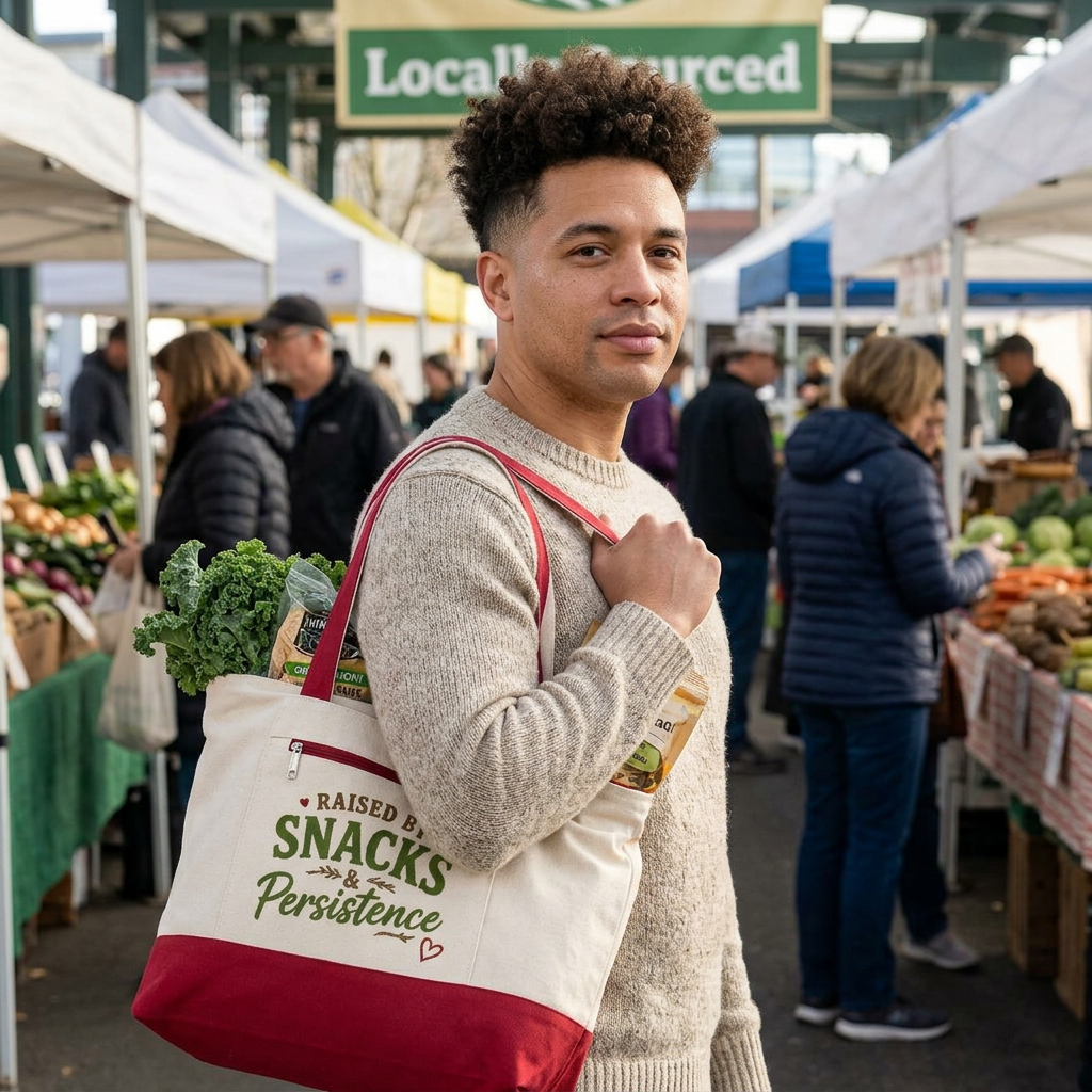 Raised by Snacks & Persistence Zippered Canvas Tote — Market Bag for Caregivers & Moms