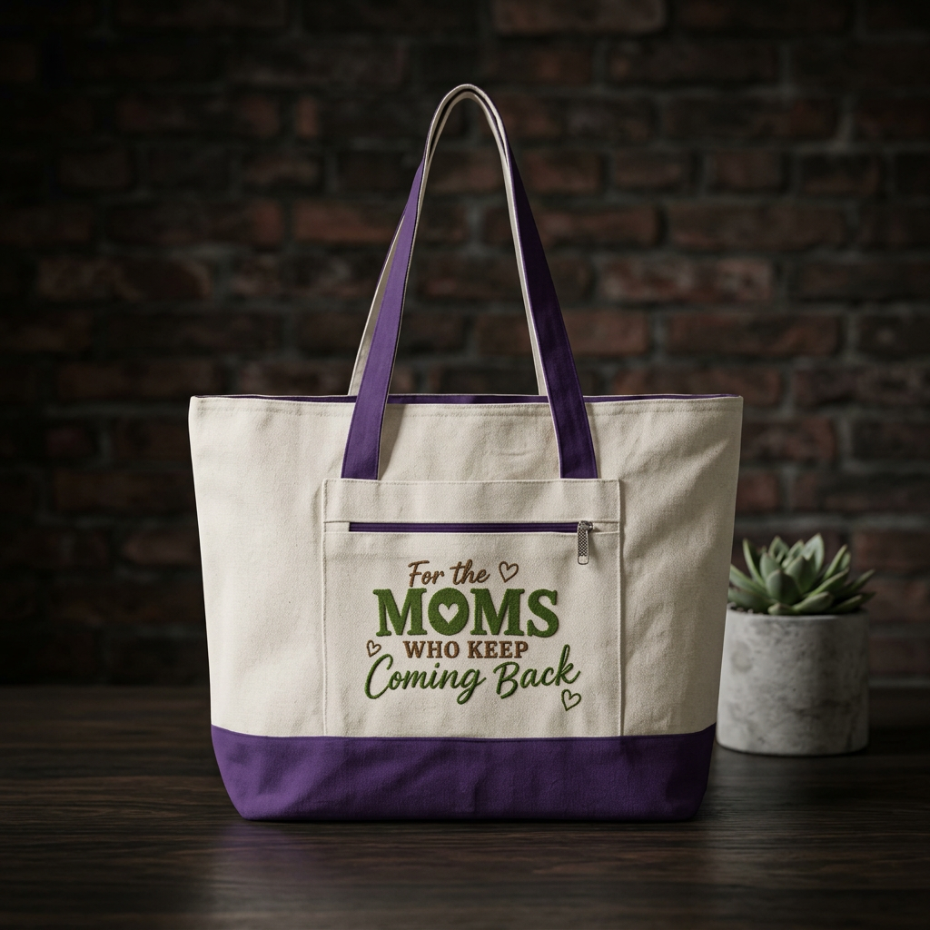 "For the Moms Who Keep Coming Back" Zippered Canvas Tote — Market Bag for Caregivers & Moms