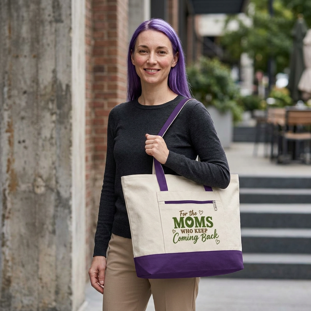 "For the Moms Who Keep Coming Back" Zippered Canvas Tote — Market Bag for Caregivers & Moms