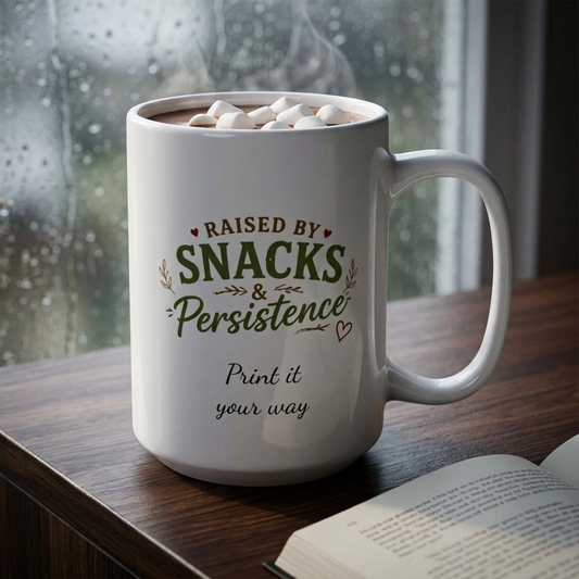 Raised by Snacks & Persistence — Ceramic Mug 15oz