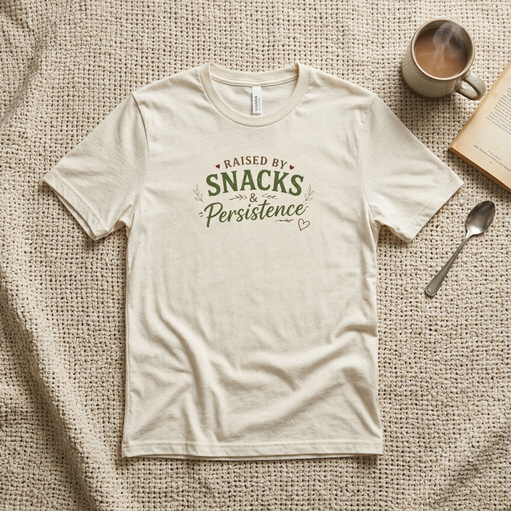 Raised by Snacks & Persistence T-Shirt — Funny Relatable Casual Tee