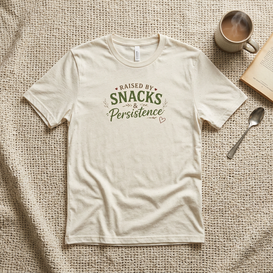 Raised by Snacks & Persistence T-Shirt — Funny Relatable Casual Tee