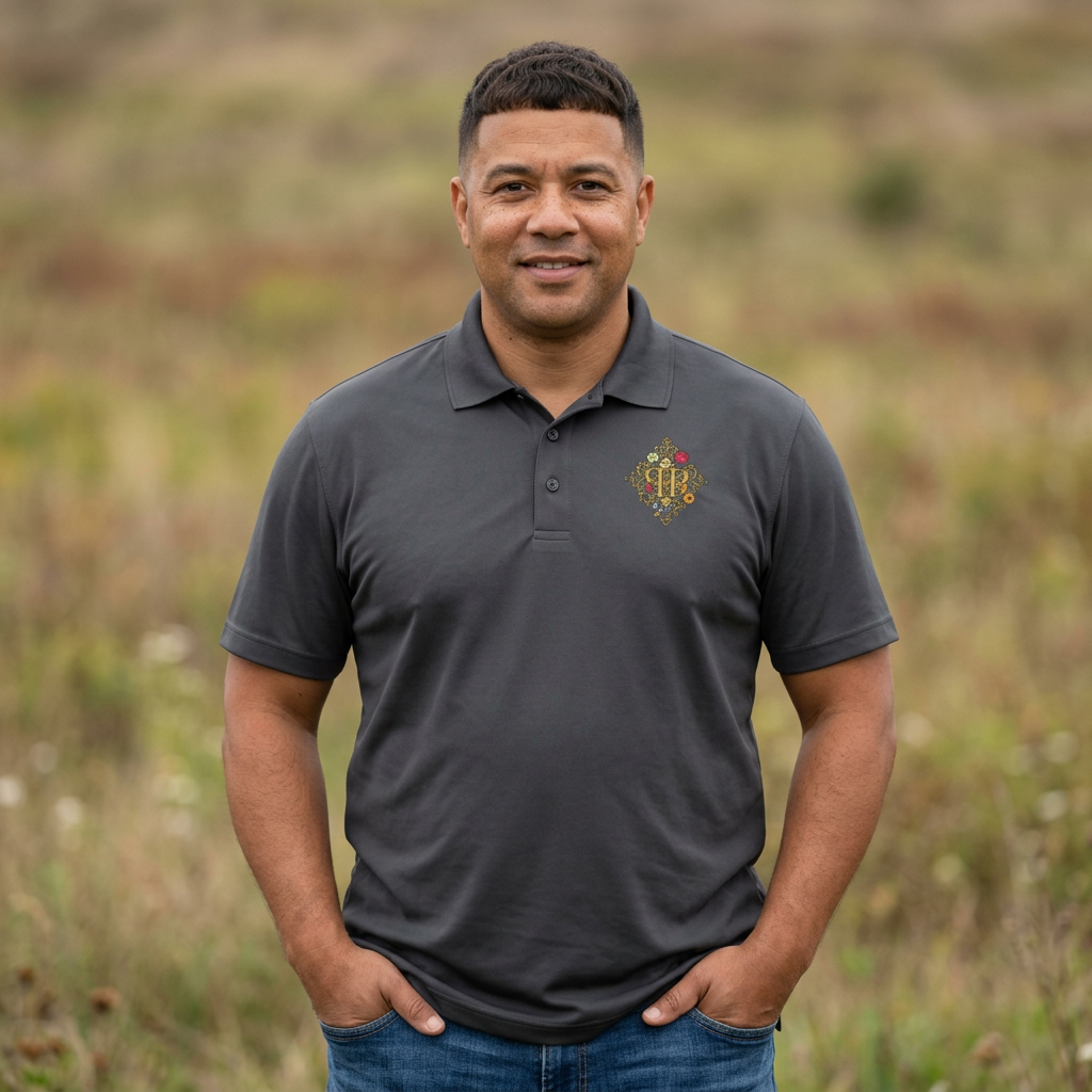 Men’s Polo Shirt – Vintage Floral “HeartGrove” Logo