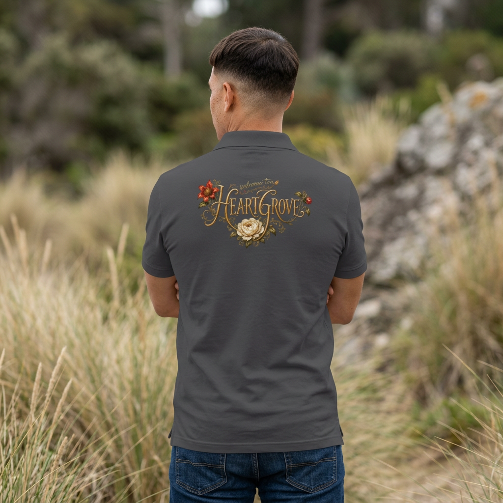 Men’s Polo Shirt – Vintage Floral “HeartGrove” Logo