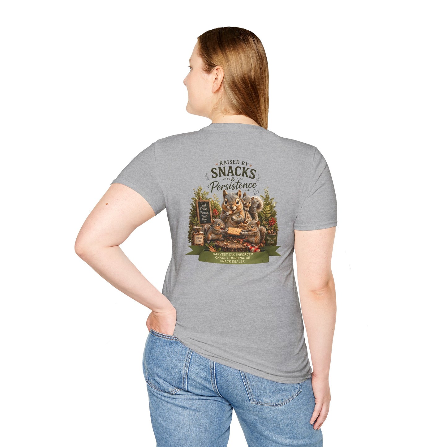 Raised by Snacks & Persistence T-Shirt — Funny Relatable Casual Tee