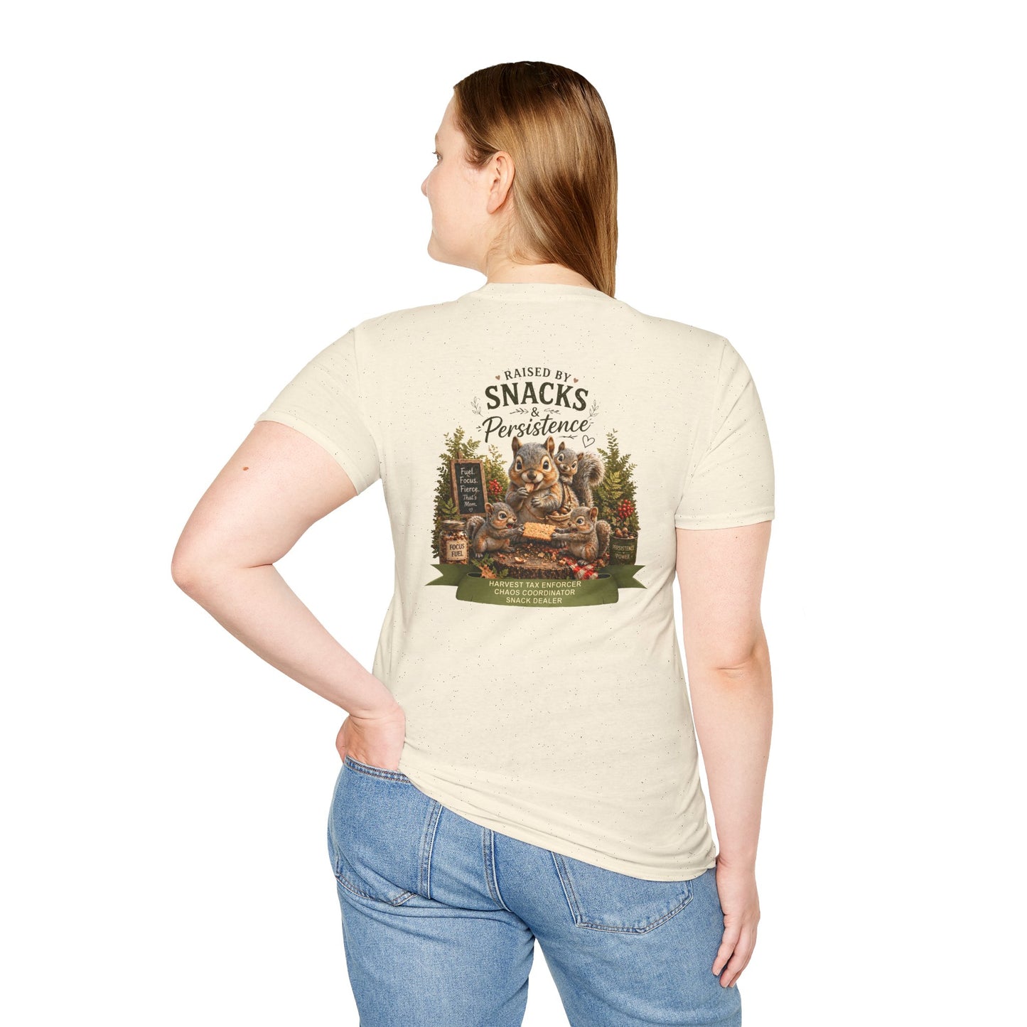 Raised by Snacks & Persistence T-Shirt — Funny Relatable Casual Tee