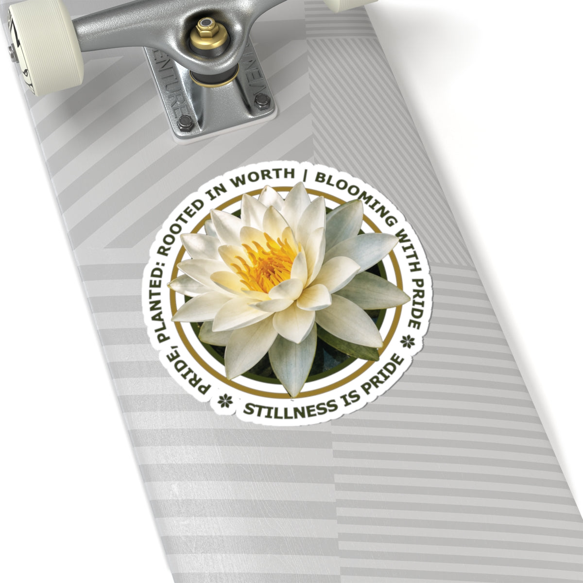 Stillness Is Pride White Water Lily Sticker — "Planted. Rooted in Worth. Blooming with Pride."