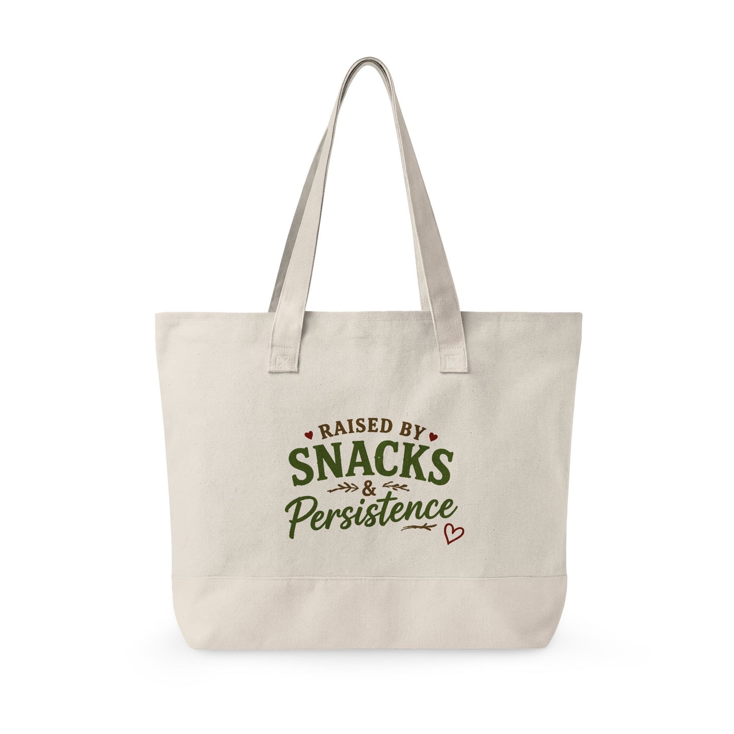 Raised by Snacks & Persistence Zippered Canvas Tote — Market Bag for Caregivers & Moms