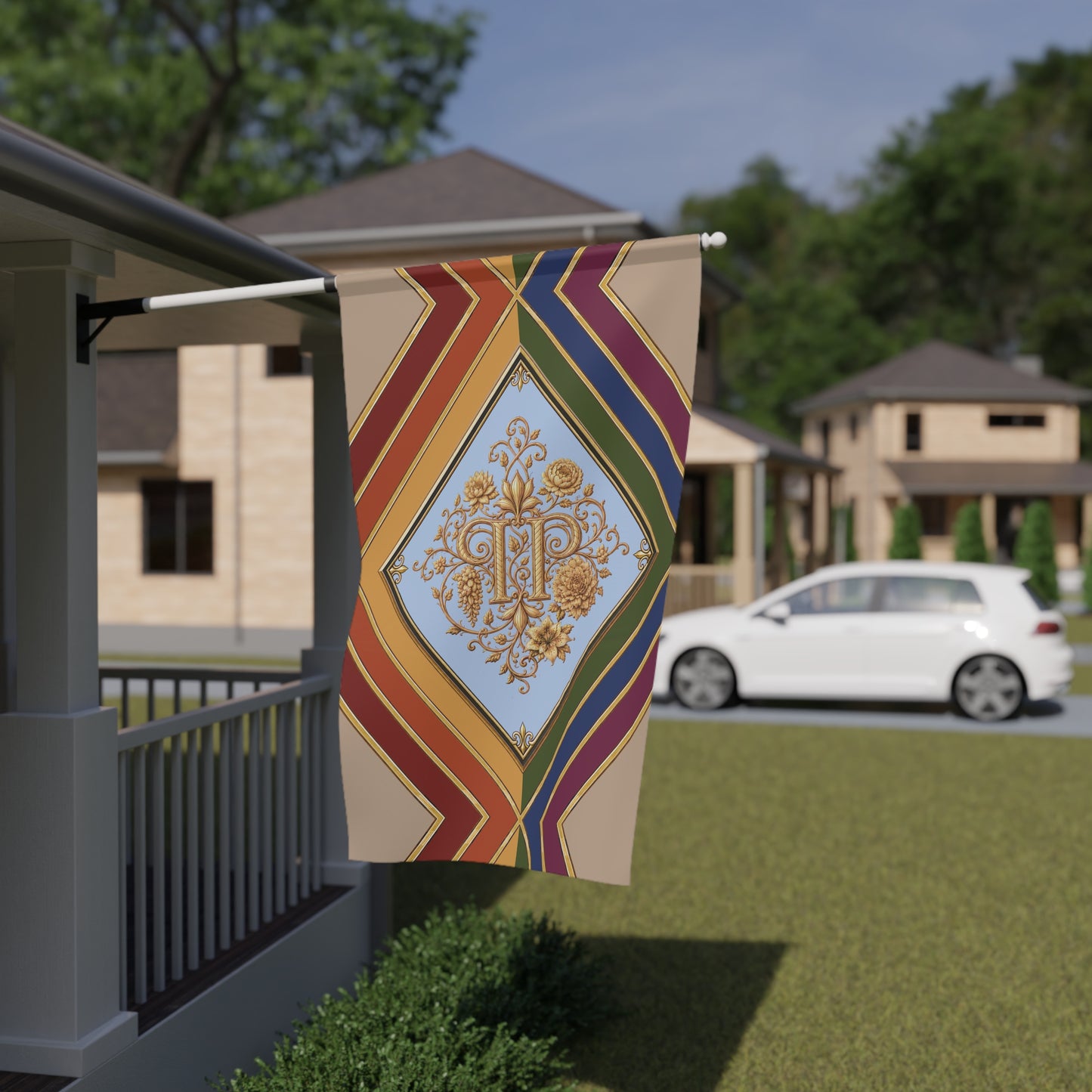"PRIDE,PLANTED.": Heraldic House Banner — Monogram Floral Diamond Garden Flag