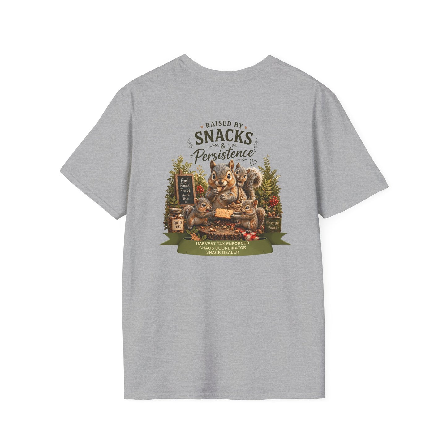 Raised by Snacks & Persistence T-Shirt — Funny Relatable Casual Tee