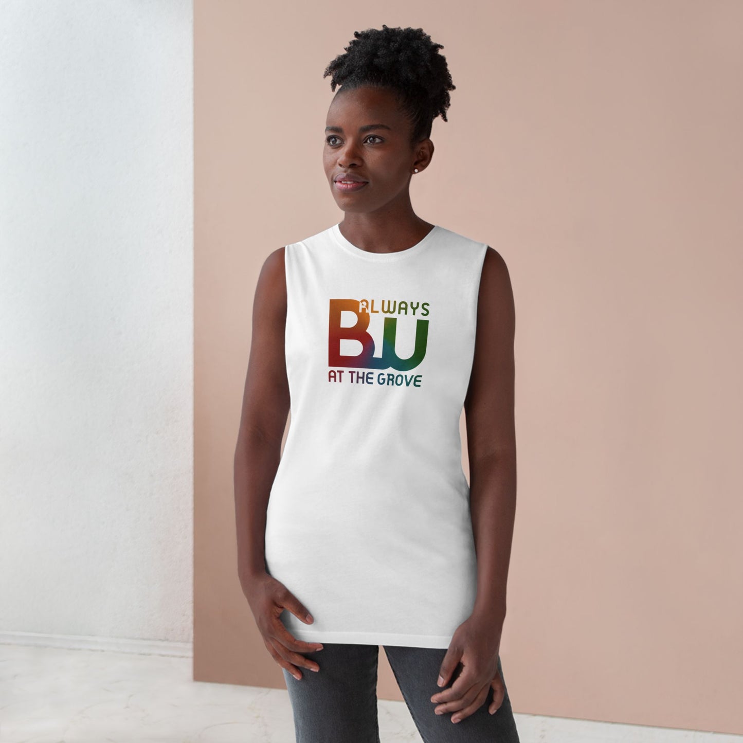 Always BU at the Grove Raw Edge Tank — BU Front & Circular Back Print Tank