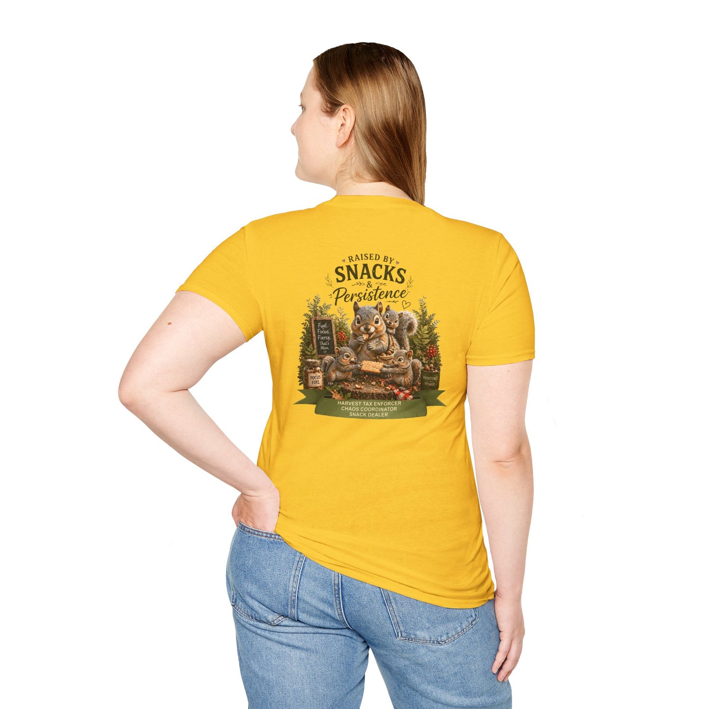 Raised by Snacks & Persistence T-Shirt — Funny Relatable Casual Tee