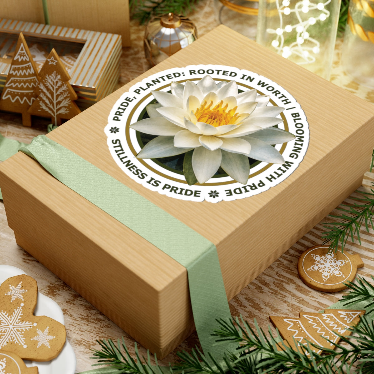 Stillness Is Pride White Water Lily Sticker — "Planted. Rooted in Worth. Blooming with Pride."