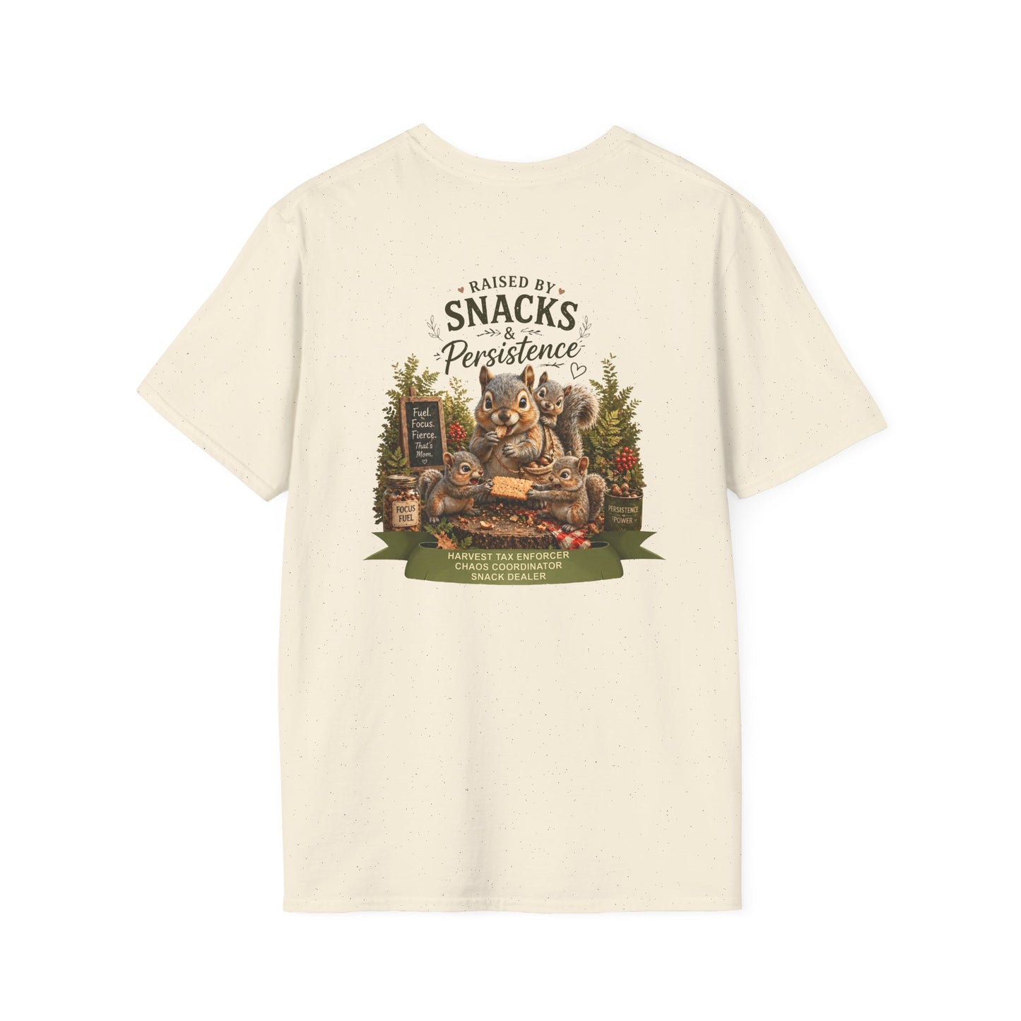 Raised by Snacks & Persistence T-Shirt — Funny Relatable Casual Tee
