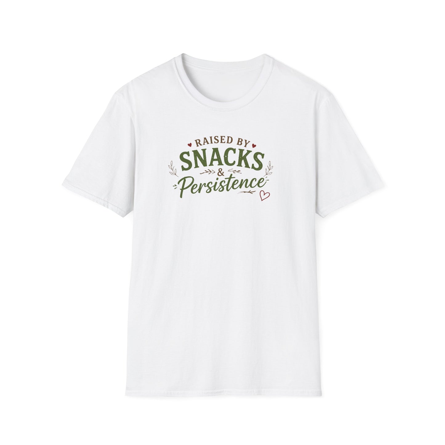Raised by Snacks & Persistence T-Shirt — Funny Relatable Casual Tee
