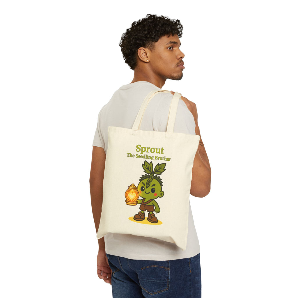 Sprout The Seedling Brother Tote Bag — Cute Plant Character Canvas Tote with Lantern Artwork