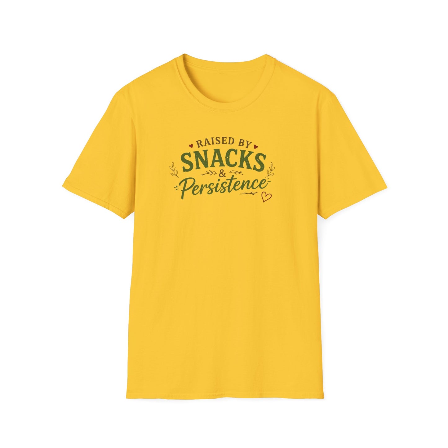 Raised by Snacks & Persistence T-Shirt — Funny Relatable Casual Tee